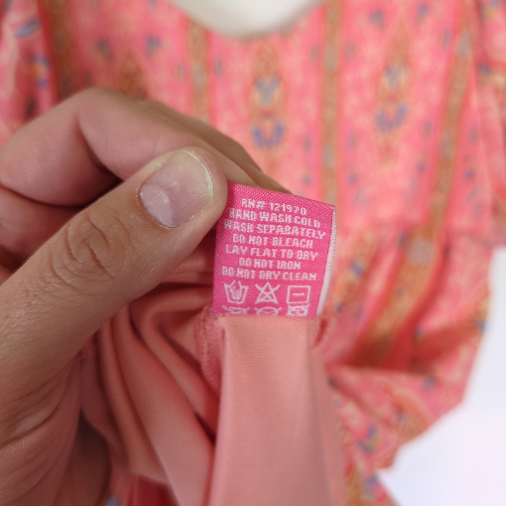 Flying Tomato Pink Boho Puff Sleeve Mini Dress L Cottagecore Coquette Paisley - Picture 8 of 8